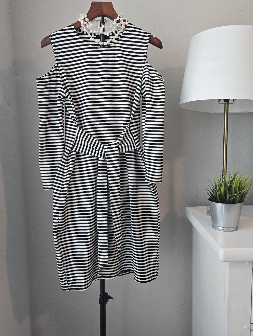 Therapy London Striped Cold Shoulder Midi Dress Tie Back Size 12 US 8 M